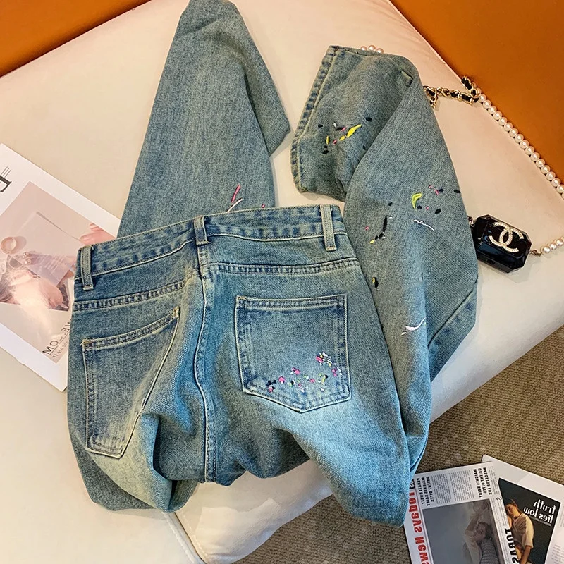 

Джинсы в стиле американской уличной моды с вышивкой, унисекс, весна-осень, трендовые, в стиле хип-хоп, повседневные, прямые, широкие штанины