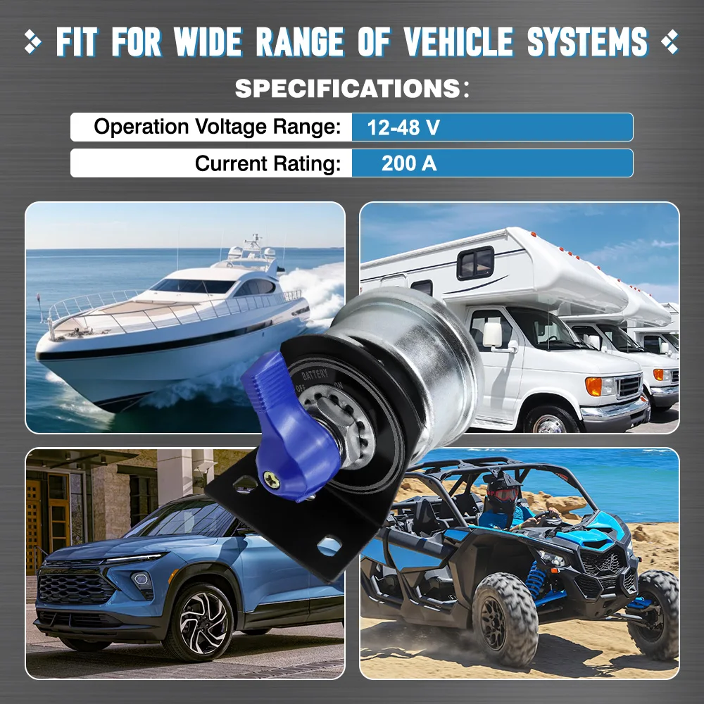 

12–48 В постоянного тока, 200 А, автомобильный аккумулятор, аварийный выключатель, сильноточные реле, выключатель изолятора для автофургонов, UTV, лодок, грузовиков