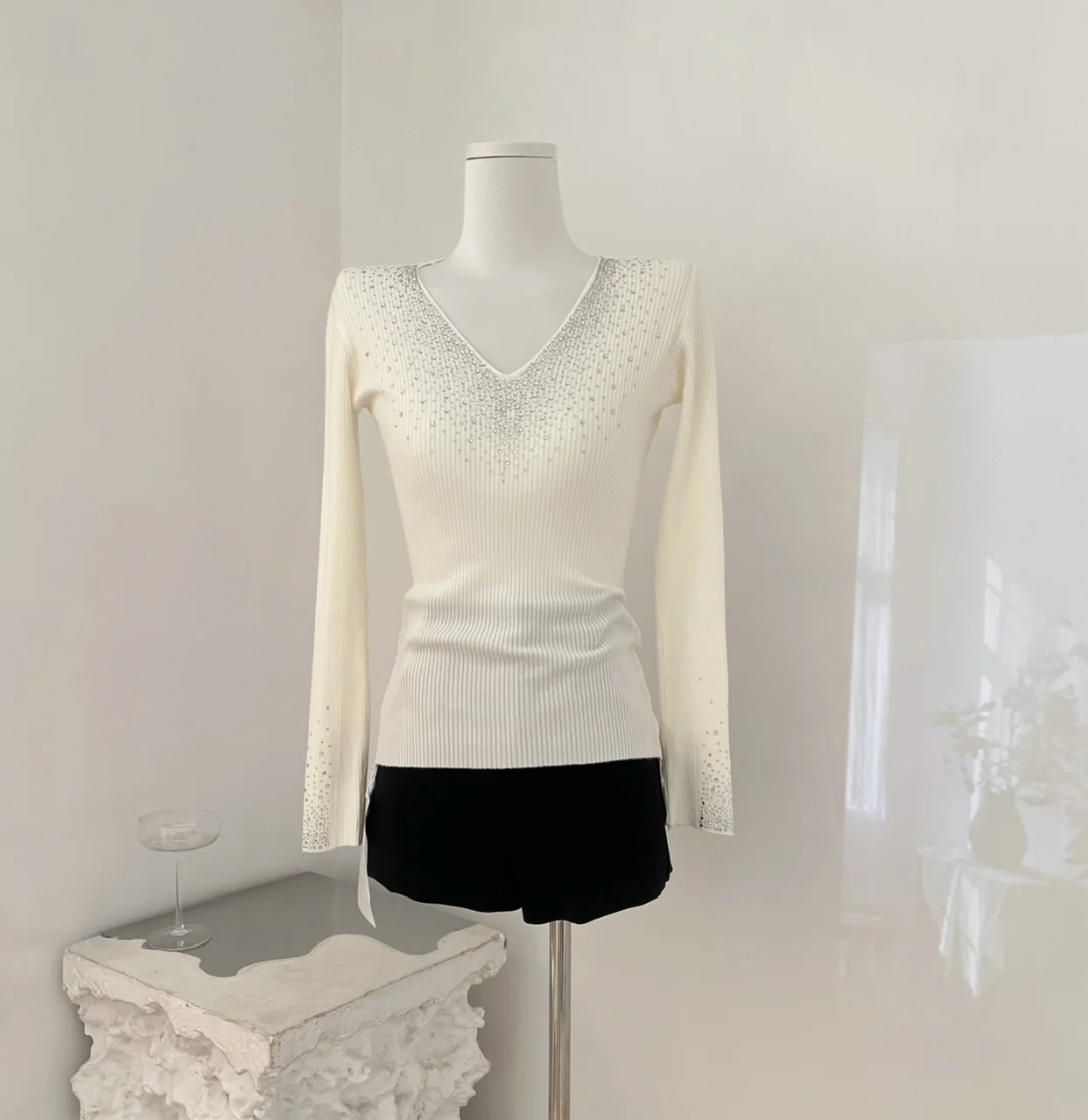 

Women's Elegant Diamonds V Neck Long Sleeve Slim Sweater Lady Solid Color Pullover Basic Jumper Top