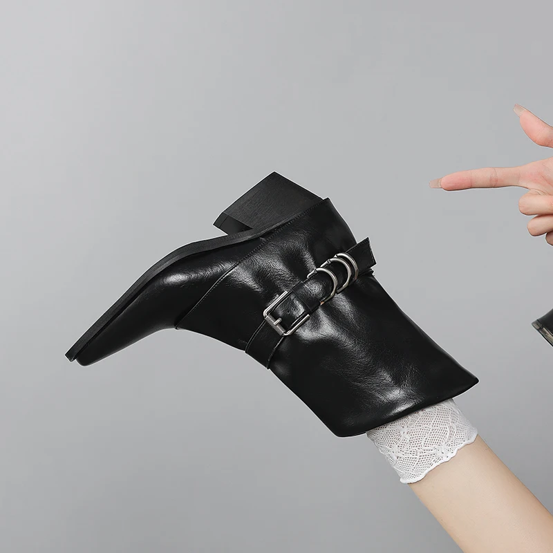 2026 new autumn winter natural leather women ankle boots 22-25cm split leather belt buckle square toe thick heel pants boots