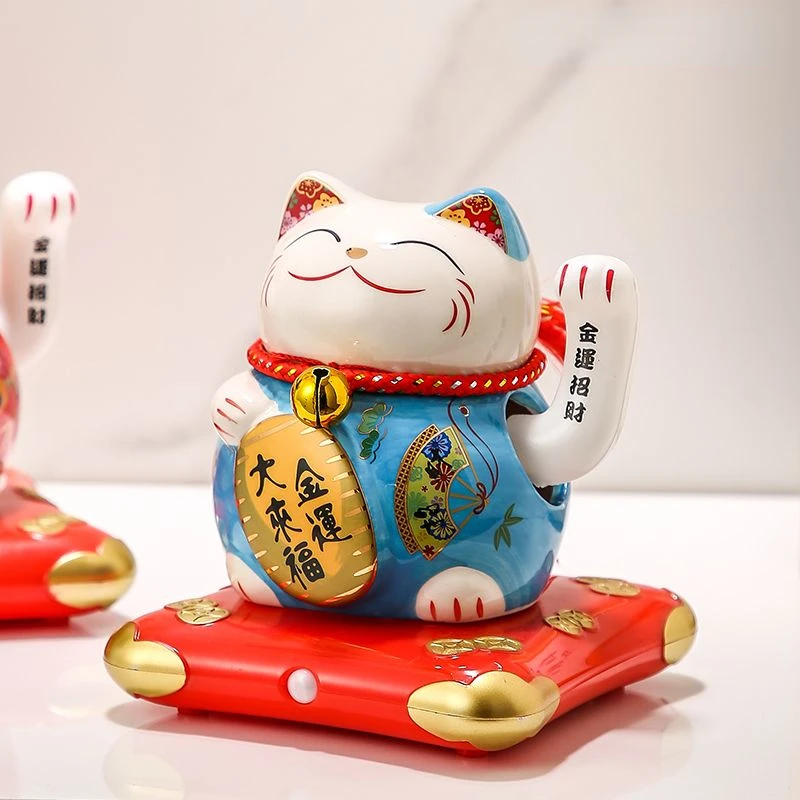 Ceramic Fortune Cat Desktop Ornaments Solar Shake Hands Fortune Household Living Room Office Decoration Open for Business Gift