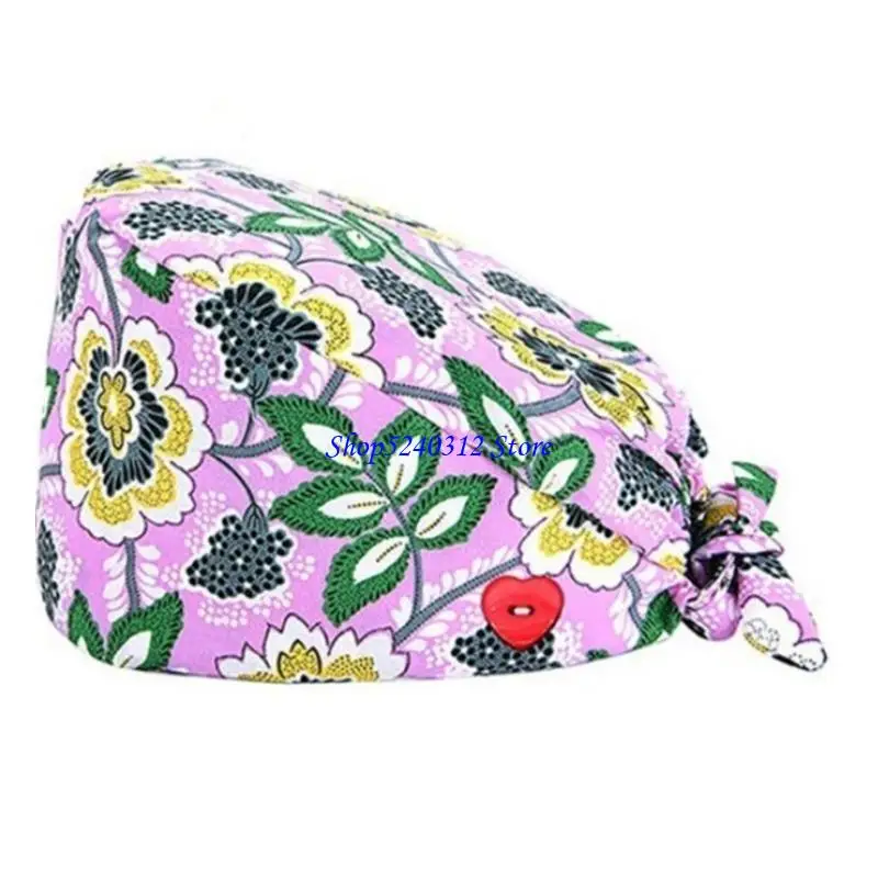 634C 3Pcs Working Cap with Sweatband Heart Buttons Cartoon Shiba Inu Floral Print Adjustable Tie Back Bouffant Hat for Head C