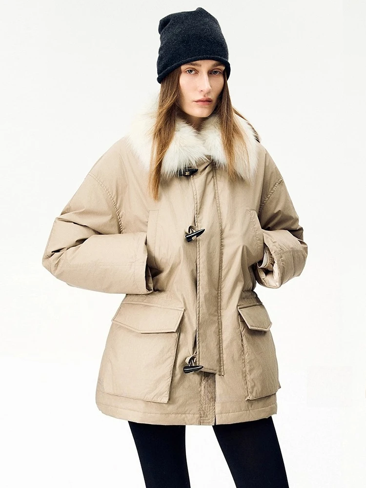 

Luxury Natural For Fur Collar Goose Down Jackets for Women 2026 New High-end Simple Vintage Loose Fluffy Warm Winter Down Coat