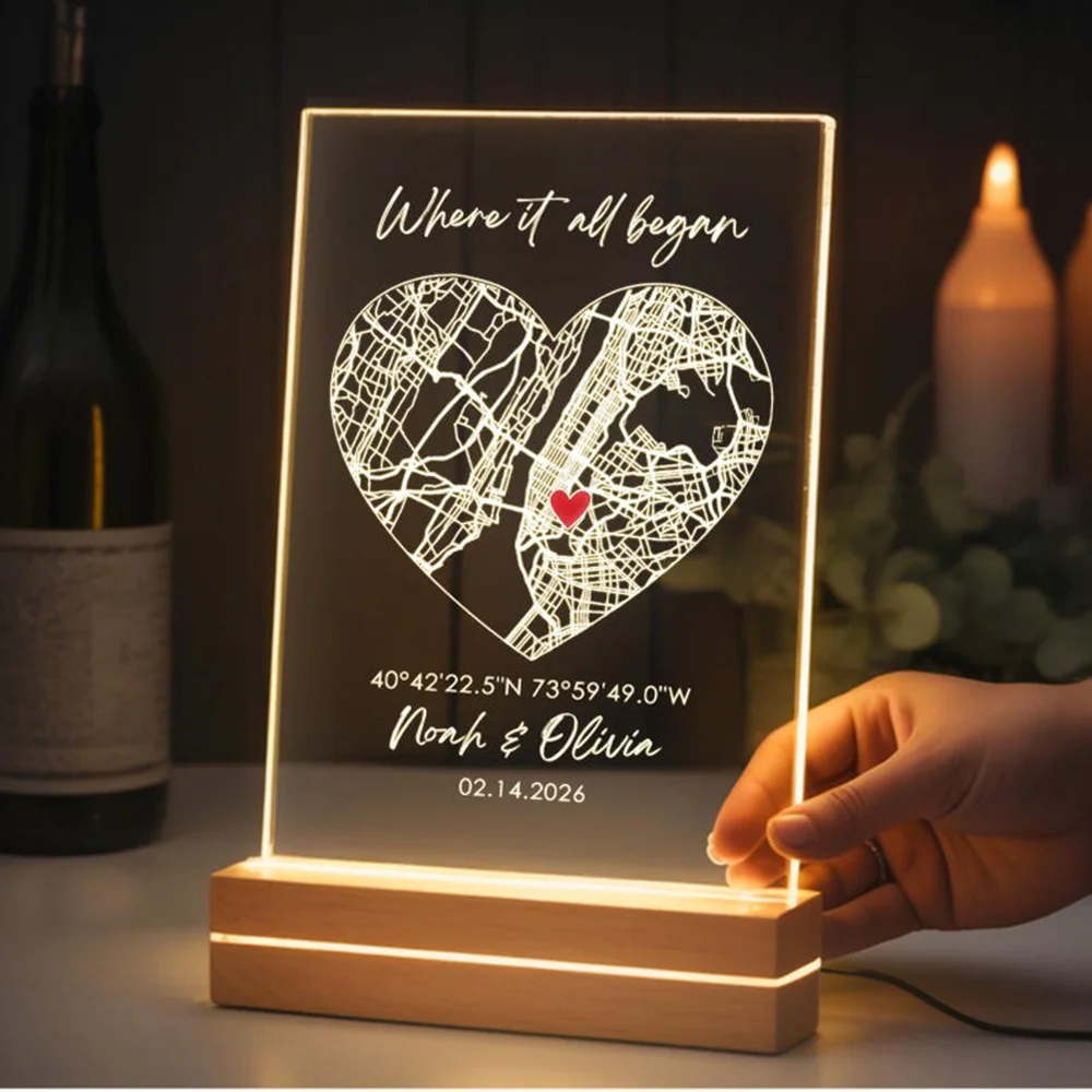 Personalised Heart Map Acrylic Plaque Custom Romantic Gift For Couples Valentine Day Wedding Anniversary First Meet Memory Home