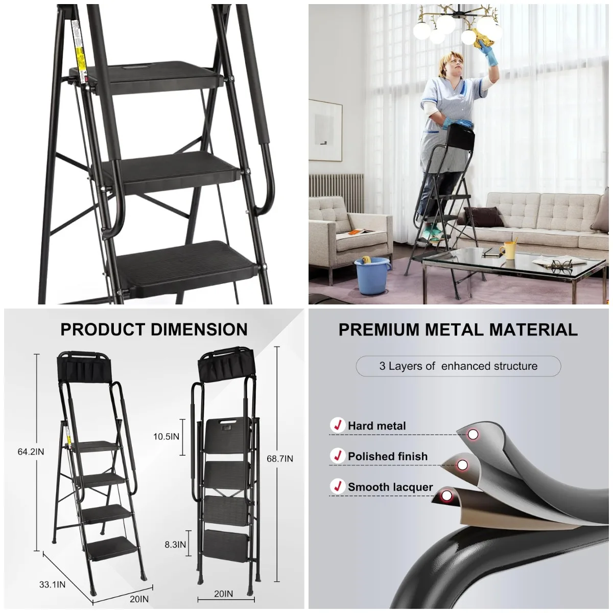 

4-Step Folding Ladder with Handrails, 500 lbs Capacity, Lightweight & Storage, Black