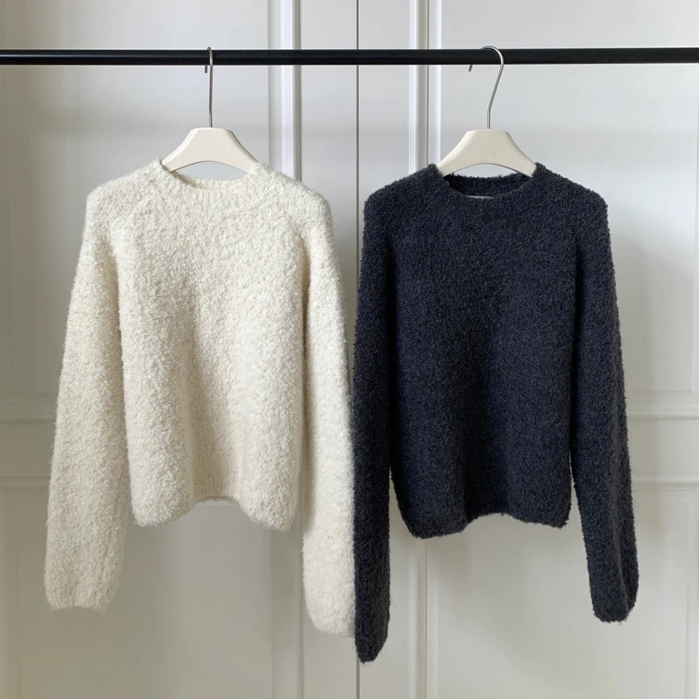 

Мягкий пушистый вязаный пуловер, женский осенне-зимний новый свободный стильный однотонный теплый женский свитер с круглым вырезом, топы