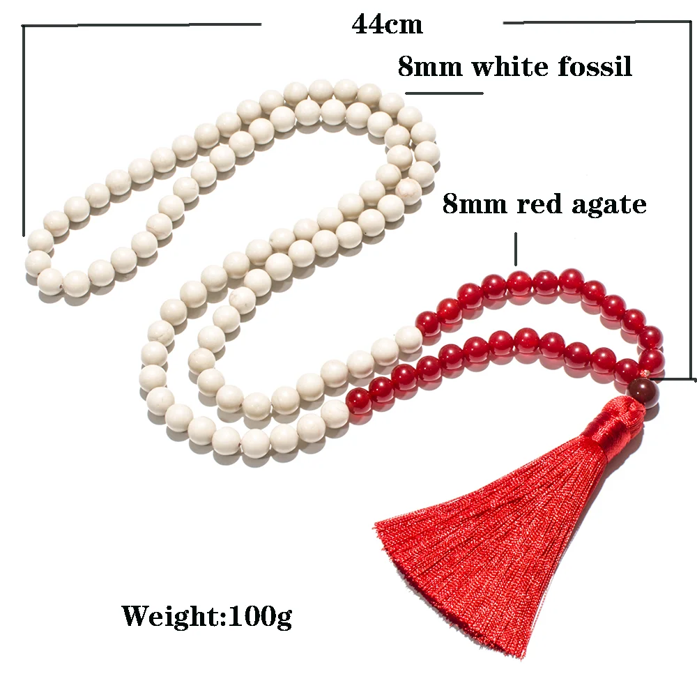 8mm White Fossil Red Agate Beaded 108 Mala Necklace Meditation Yoga Prayer Tassel Jewelry Japamala Rosary