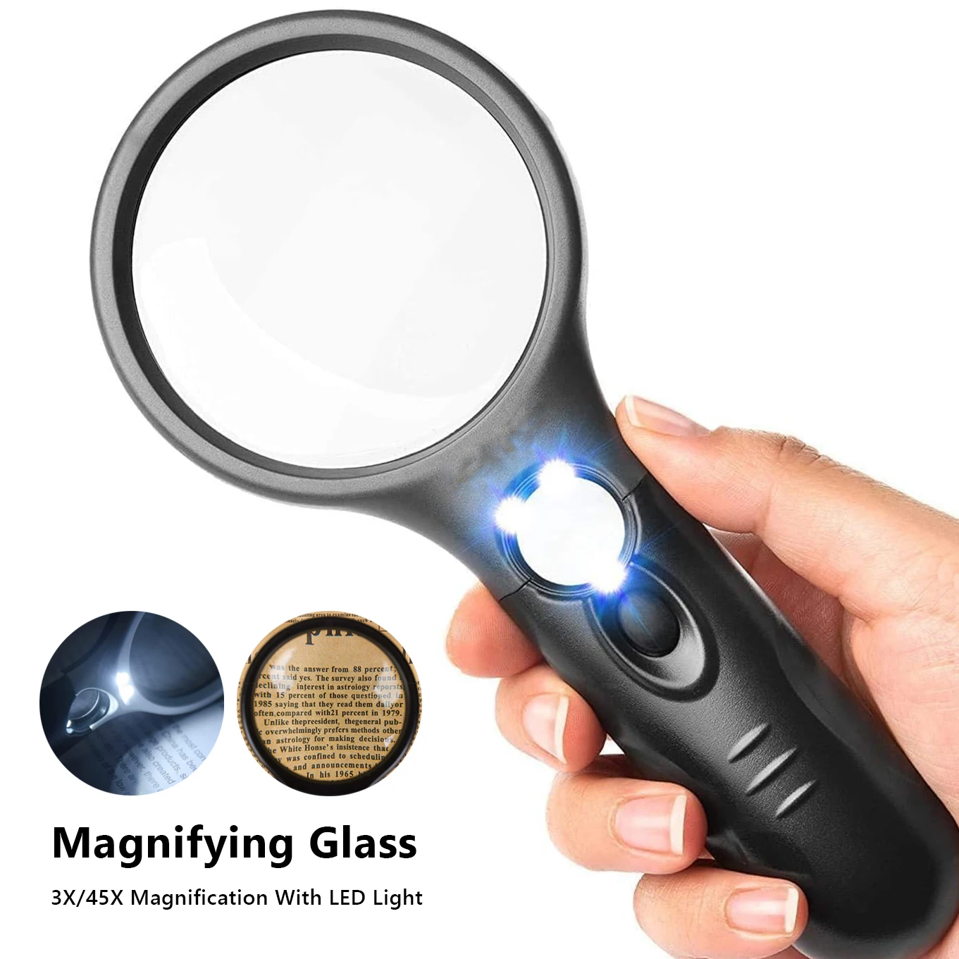 3X 45X Optical Magnifying Glass With LED Lights Handheld Backlit Magnifier Built-In 3 Light Beads For Identify Antique Stamps