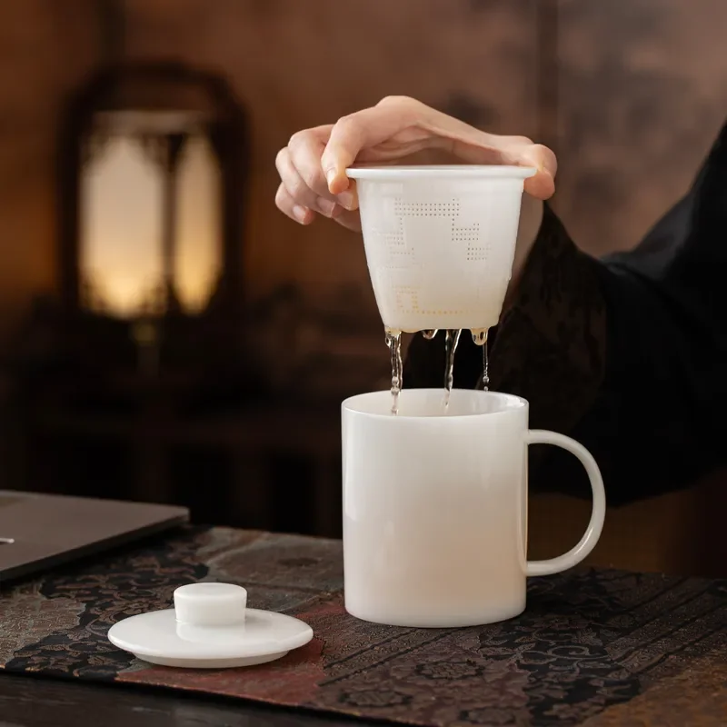 White Porcelain Tea Cup With Lid Ceramic Teacup For Office Home Use Jade Texture Water Mug High Quality Drinkware Gift