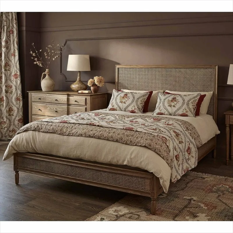 American Country Vintage Double Bed Solid Oak Pine and Teak Rattan Bed for Master Bedroom for Home or Hotel Furniture
