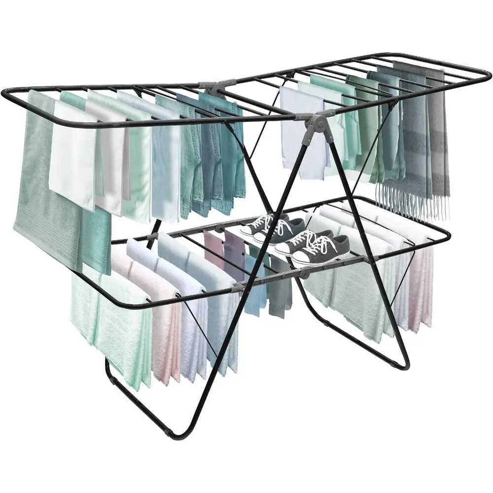 

2 Tier Collapsible Clothes Dryer Stand Laundry or Shoe Rack, Heavy Duty Retractable Garment Hanger, Foldable, Portable Air Dry H