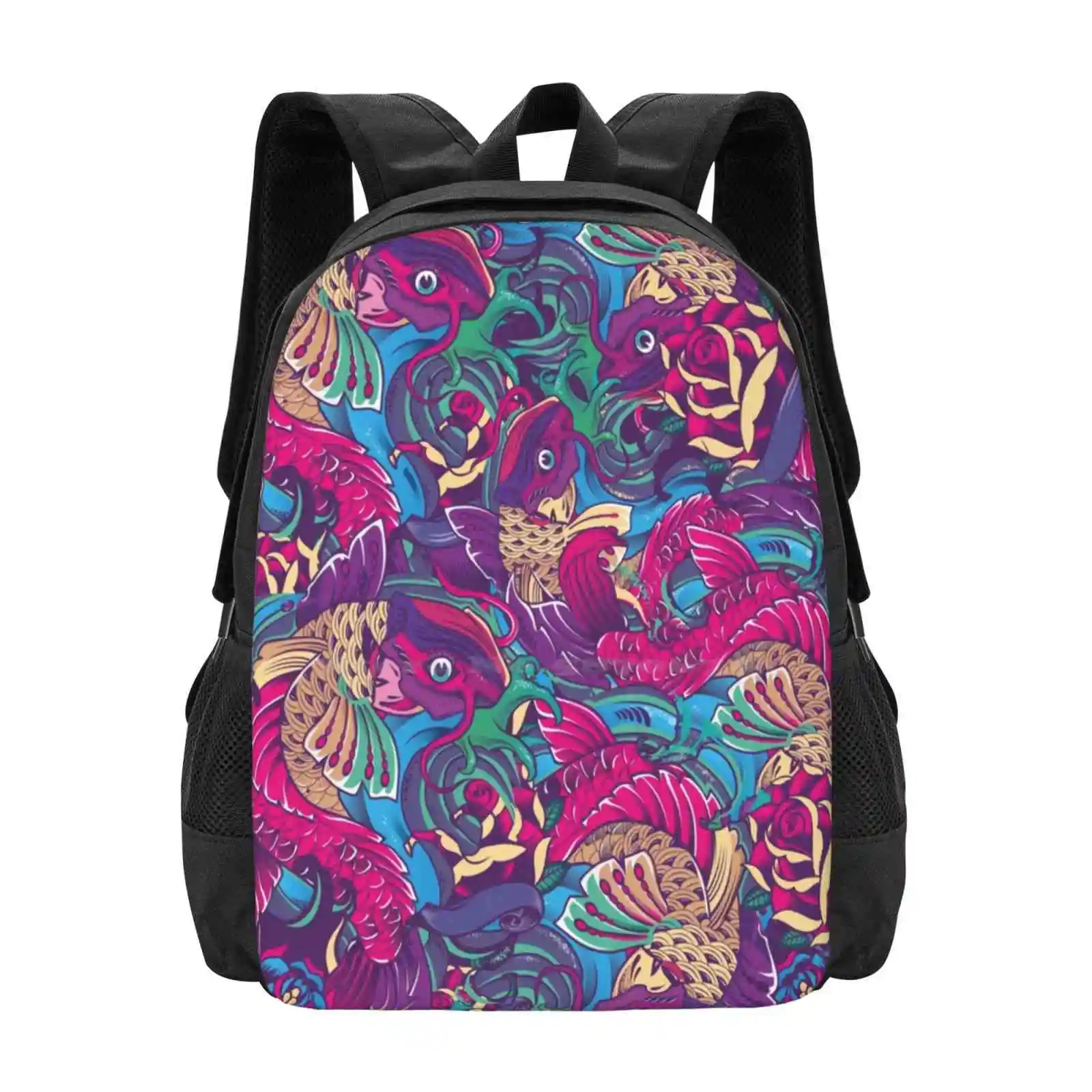 Koi School Bags For Teenage Girls Laptop Travel Bags Koi Fish Tatttoo Animal Colors Vector Pattern