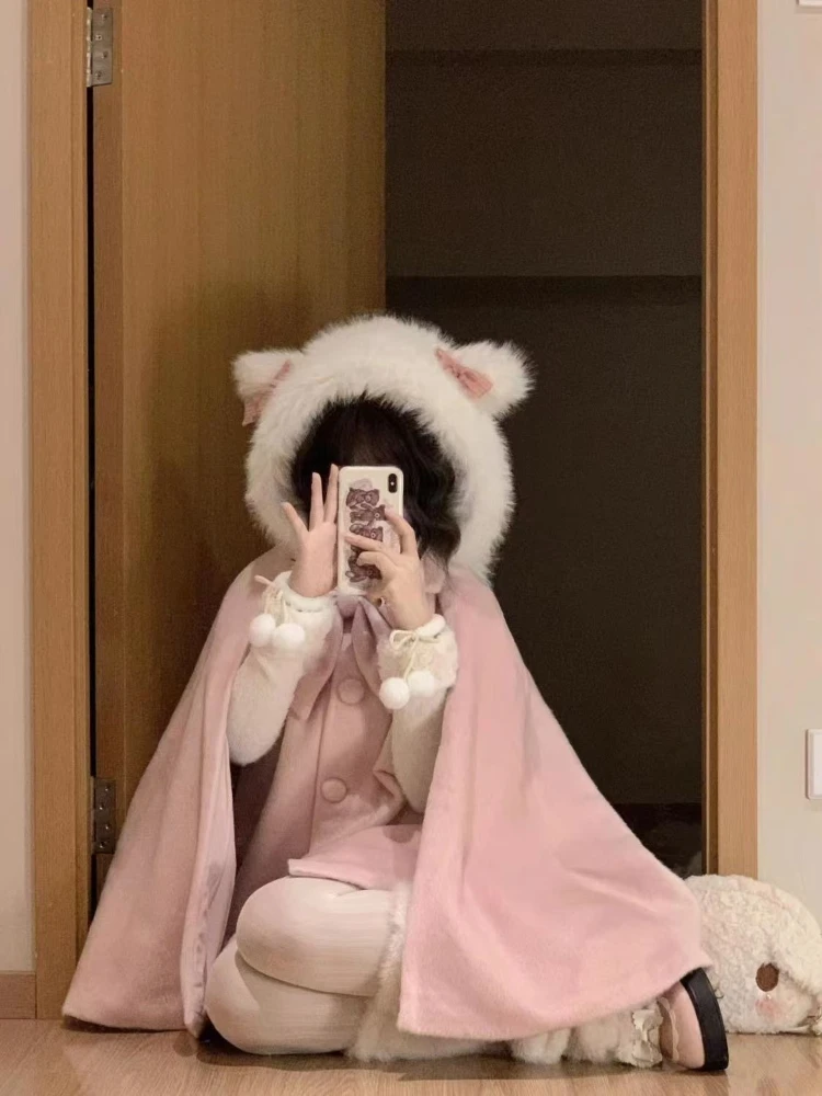 Otoño cálido coreano Popular mujer capa abrigo japonés Lolita dulce arco adelgazante chica mágica diseñador Chic Ponchos ropa de mujer