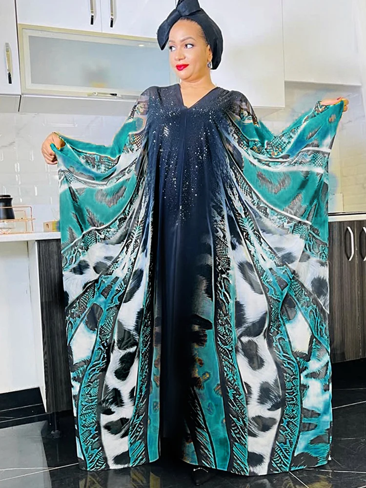 2024 Summer Chiffon Dresses For Women African Dashiki Print Boubou Dubai Muslim Abayas Holiday Party Gown Batwing Sleeve Dress