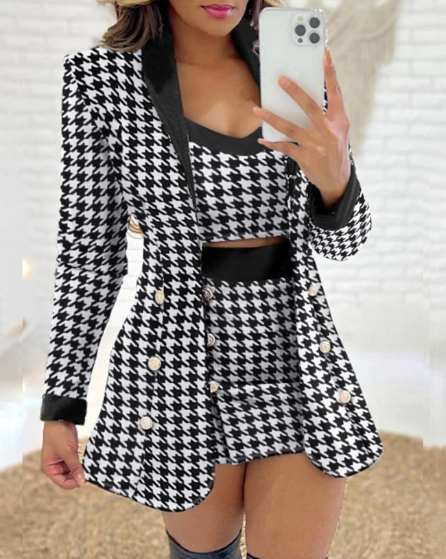 Women's Spring, Summer, and Autumn Career Interview Commuting Three Piece Houndstooth Printed Suit Coat and Shorts Short Top
