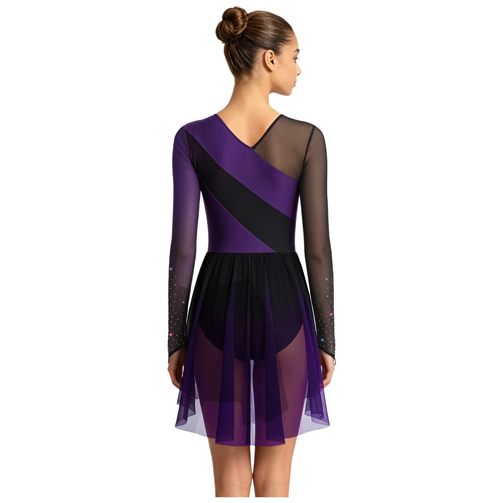 Women's Lyrical Dance Dress Figure Skating Artistic Gymnastics Costume Long Sleeve Shiny Rhinestones Sheer Mesh Ballet Leotard