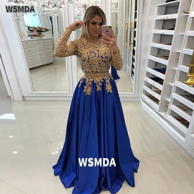 2022 novo elegante mangas compridas vestidos de baile ouro applique preto vestido de noite com cinto cetim formal vestido de baile