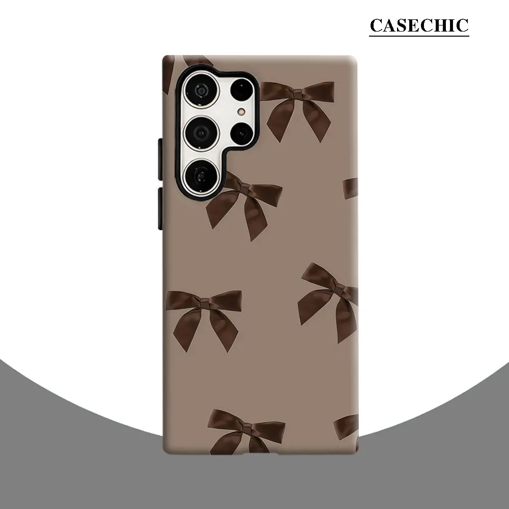 Elegant Brown Bow Pattern Phone Case for Samsung Galaxy S26 S25 Ultra S24 S23Ultra Plus Shockproof Double layer tough Back Cover