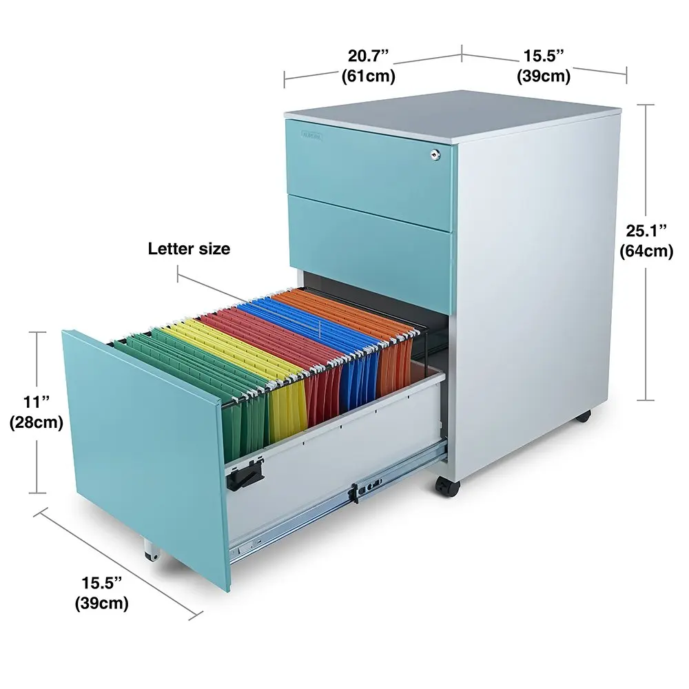 Modern 3-Drawer Metal Mobile File Cabinet with Lock & Key, White/Blue, Customized