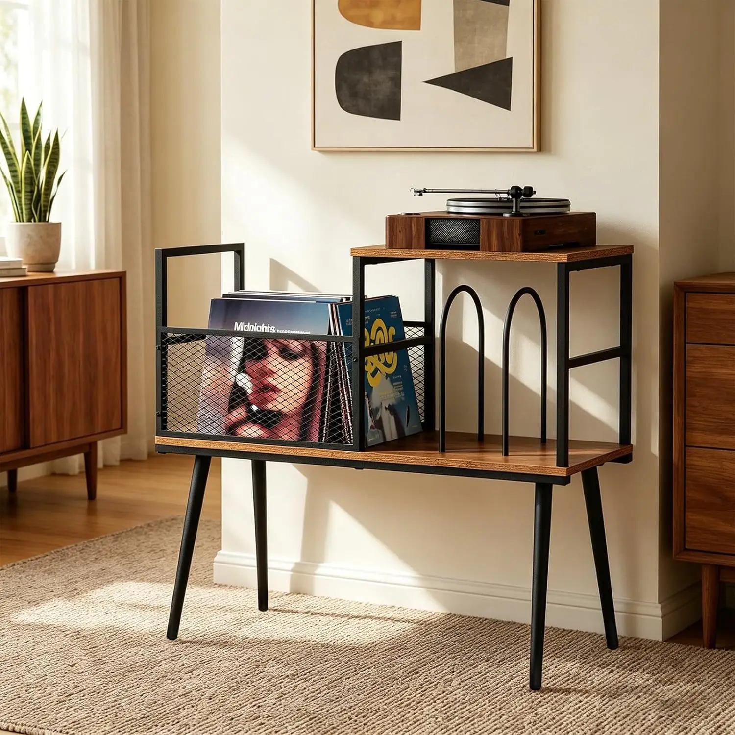 

Vintage Record Player Stand with Vinyl Storage, Holds 200+ Albums, Industrial Turntable Cabinet with Adjustable Feet
