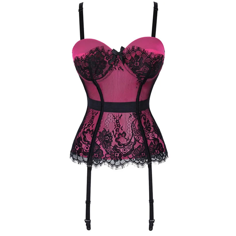 Black Floral Lace Sexy Lingerie Corset Push Up Bustier Straps Women Sleepwear Nightwear Chemise Underwear With Suspenders