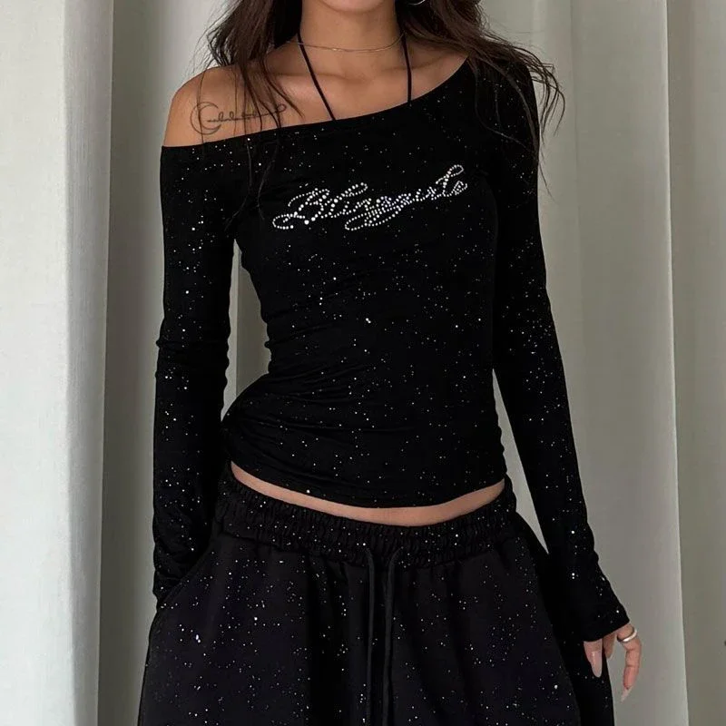 Y2K Diamond T Shirts Women Streetwear Sexy Black Skew Collar Crop Tops Gyaru Harajuku Long Sleeve Tees Fashion Grunge Clothes