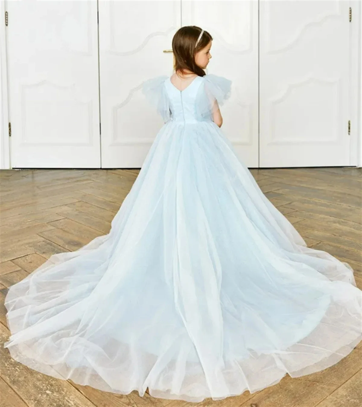 

Light Blue Tulle Puffy Flower Girl Dress For Wedding Applique Lace Floor Length First Communion Birthday Party Dress Ball Gowns