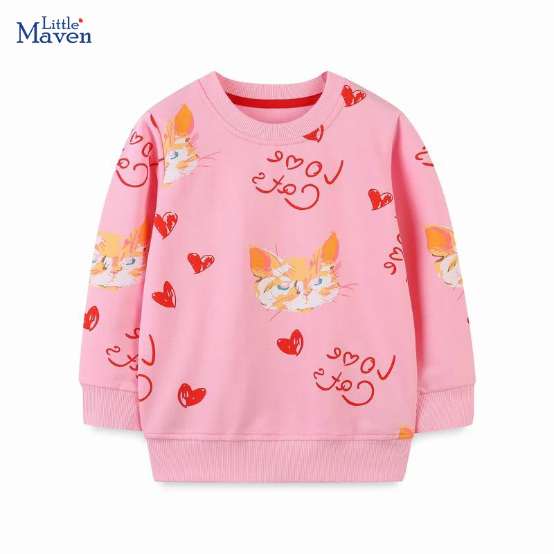 Little maven 2024 New Autumn Toddler Baby Girls Cartoon Cats Pink Sweatshirts Kids Costume for Children's Clothing 2-7 Years