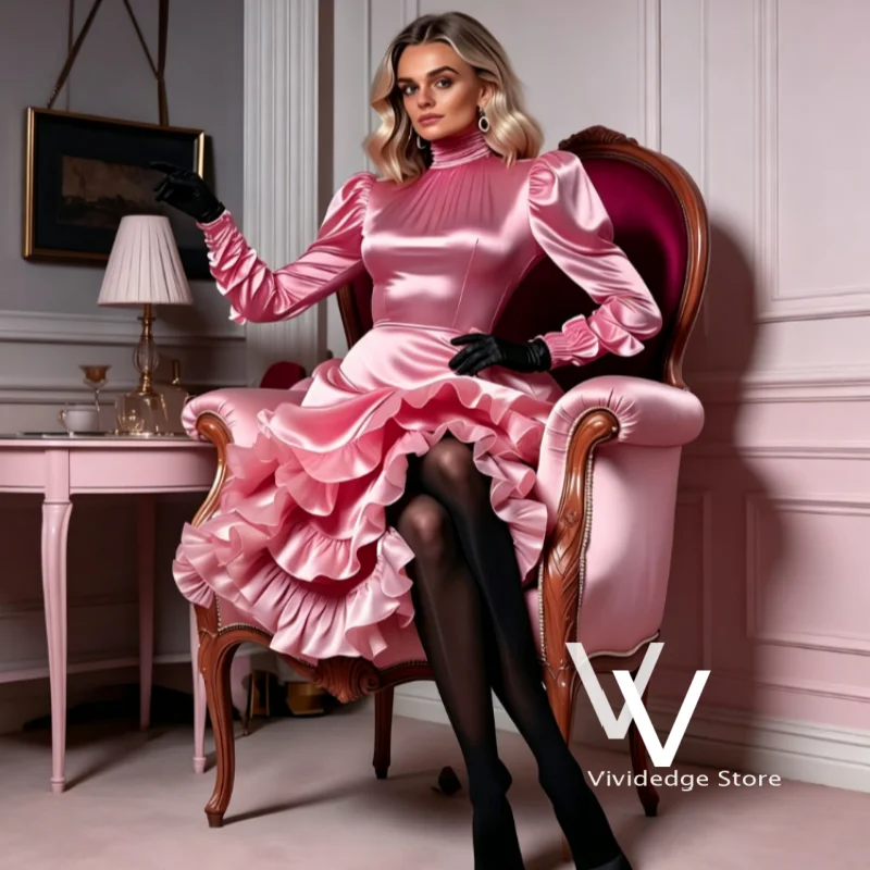 Customized Pink Satin Midi Evening Dress Turtleneck Long Sleeve Multi‑Layer Ruffle Hem Elegant Women Party Formal  Ball Gown