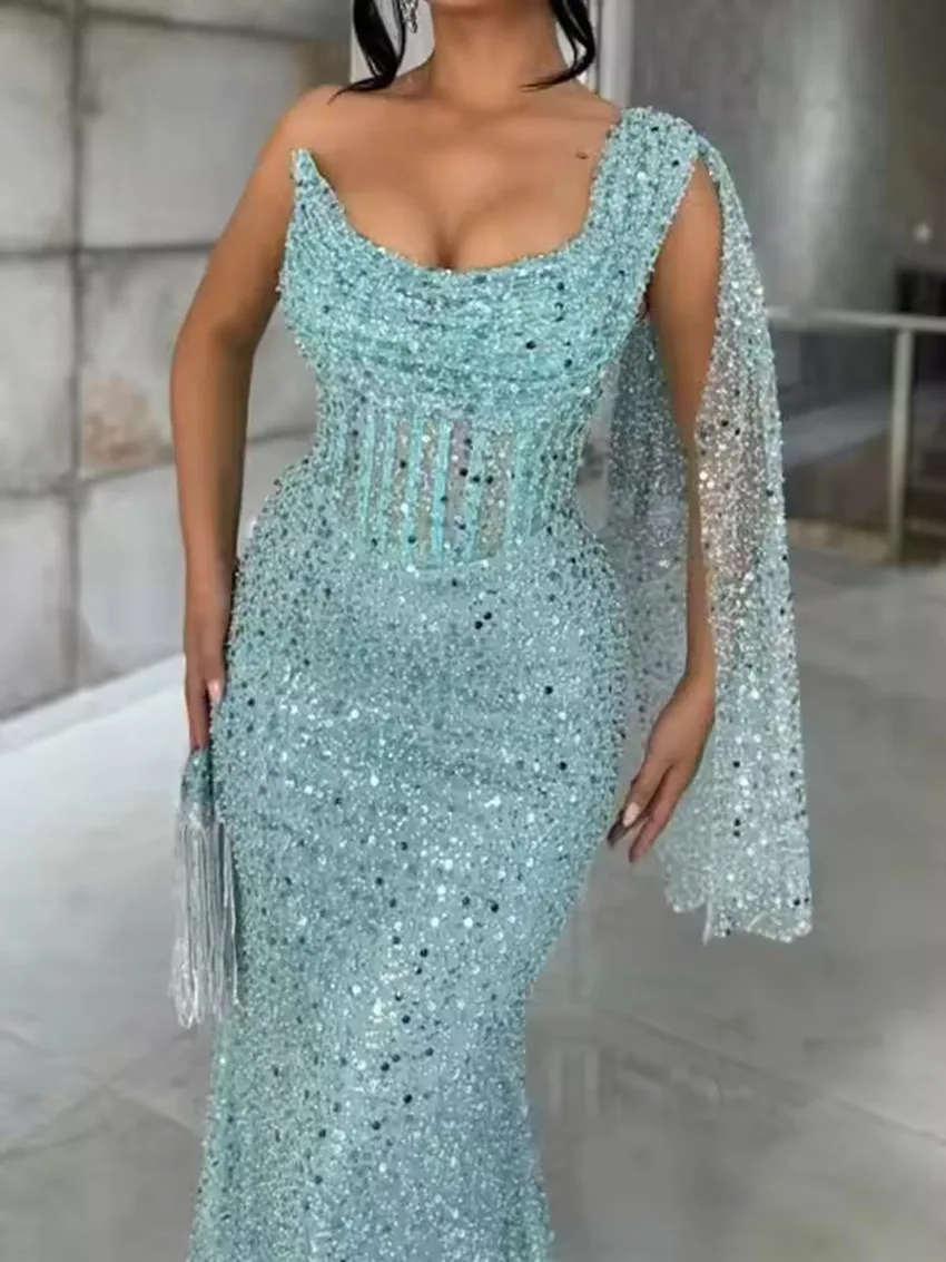 Customized One Shoulder Mermaid Prom Dress Sleeveless Beading Sequined Pageant Party Dresses Luxury Women's Evening Gowns