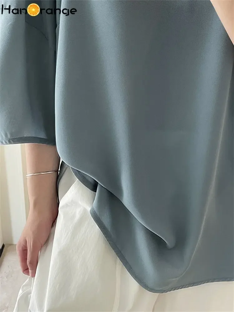 HanOrange 2025 Summer Slightly Transparent Lantern Sleeves Shirt Women Loose Mesh Thin Top Turquoise Green/Light Gray Powder