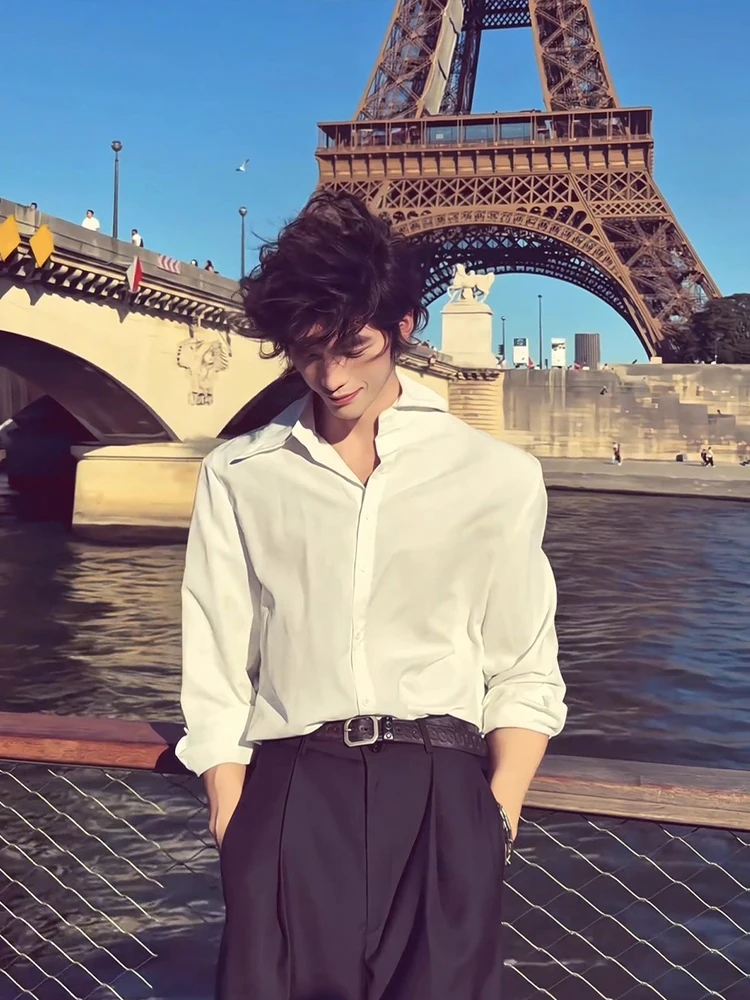 

White American Sle Long Sve irt Casual Inner Wear for Men Autumn Briti Sle Rebellious Haome High End Feeling