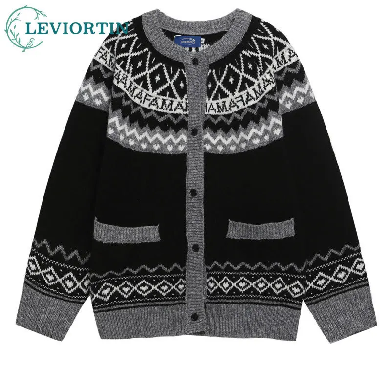 

2025 мужская осенне-зимняя новая свободная повседневная вязаная куртка в ленивом стиле японский ретро жаккардовый кардиган с круглым вырезом, свитер