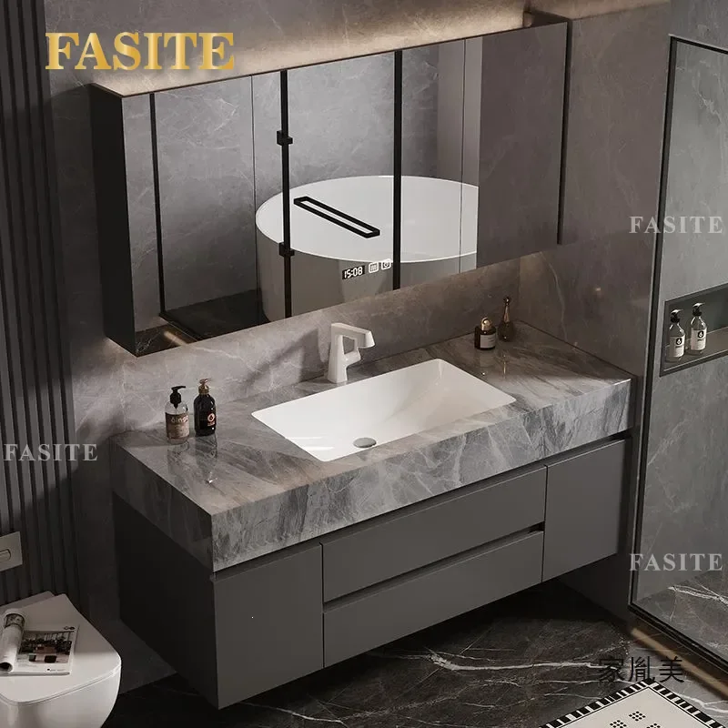 Modern Seamless Rock Slab Bathroom Vanity Cabinet with Integrated Ceramic Basin Smart Toilet Combo Space Saving Easy Clean