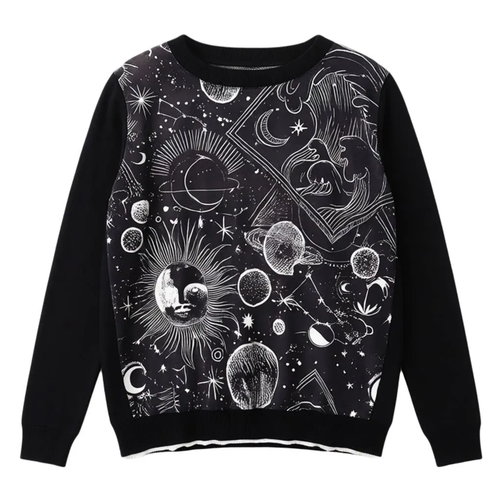 High Quality O Neck Long Sleeve T Shirts Women Knit Clothes Autumn French Style Brand Designer Starry Sky Printed Tops Female