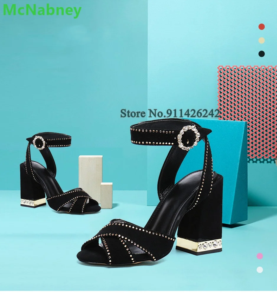 

Black Peep Toe Square Heel Sandals For Female Women Suede Fabric Ankle Crystal Buckle Strap Slingback Fashion Elegant Shoes