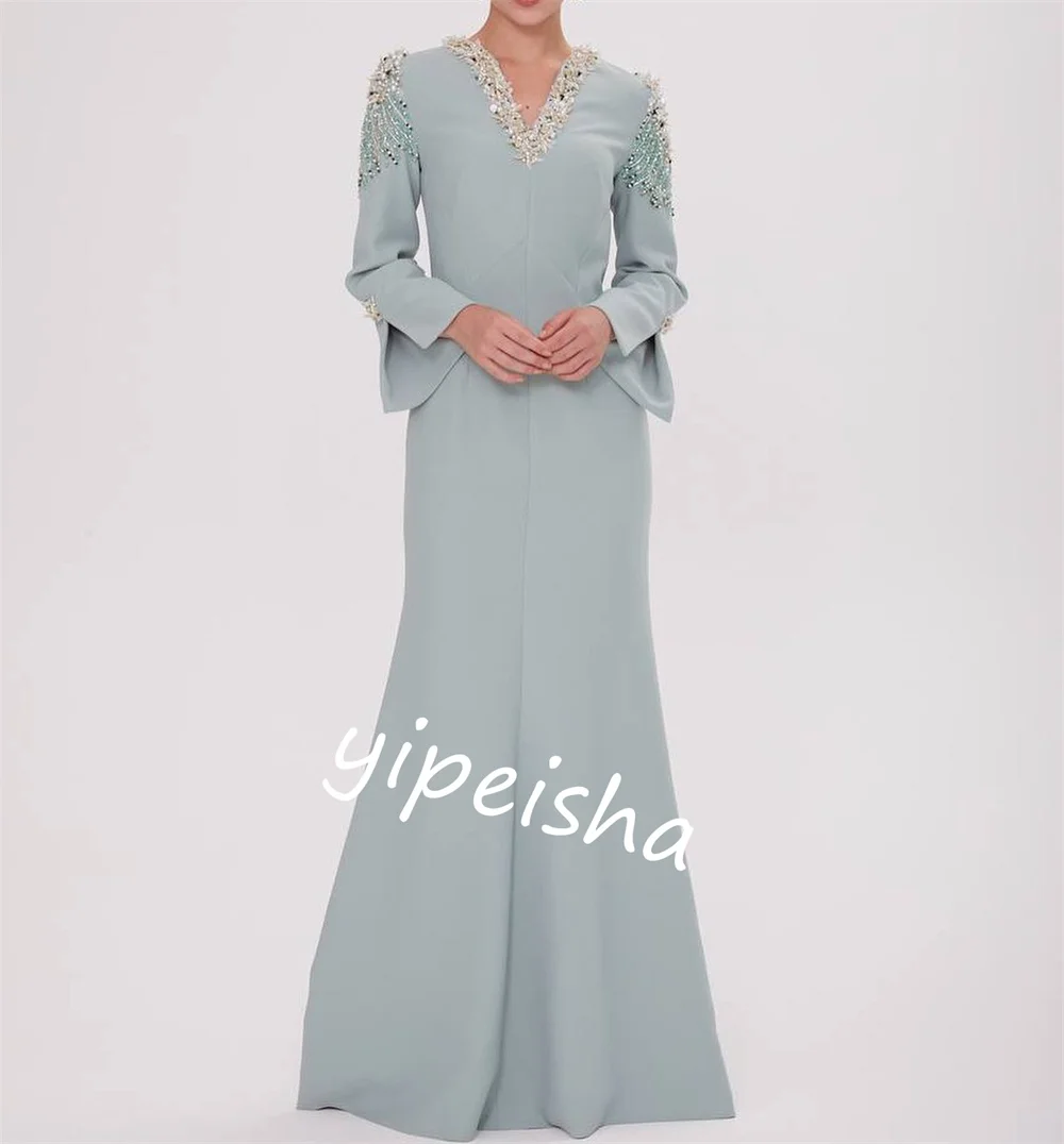 Evening    Prom Jersey Beading Formal A-line V-neck Bespoke Occasion Gown Long Es Saudi Arabia