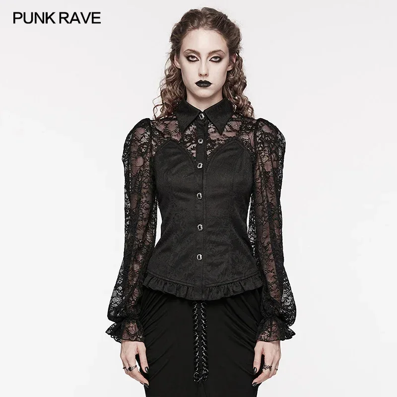 PUNK RAVE Women's Gothic Lace Balloon Sleeve Adjustable Drawstring Shirt Exquisite Hand-stitched Button Decoration Club Tops