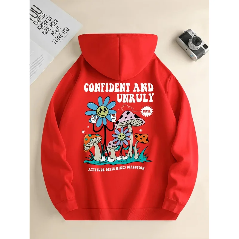 Men's new fashion hoodie, casual daily drawstring hooded sweatshirt mushroom print, front kangaroo pocket, men's jacket