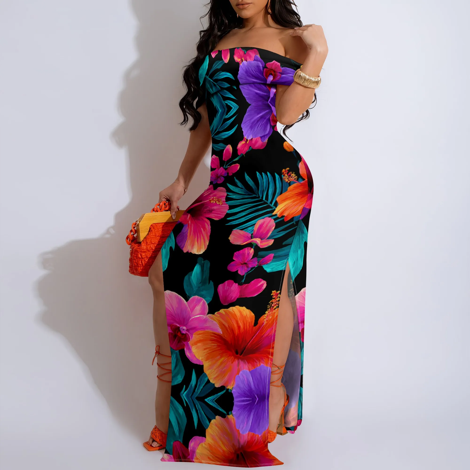 

Off Shoulder Tropical Print Maxi Dress Women Sexy Bodycon Split Summer Beach Party Outfit Holiday Vacation XS-3XL
