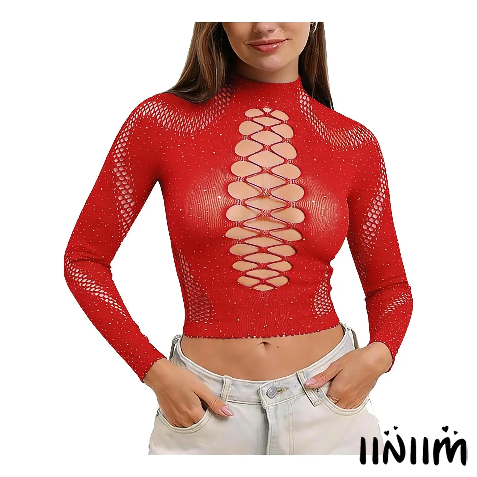 

Women Rhinestone Fishnet Blouse Top Stretchy See Through Long Sleeve Hollow Out Shiny Top for Nightclub Beach Party Cover Up