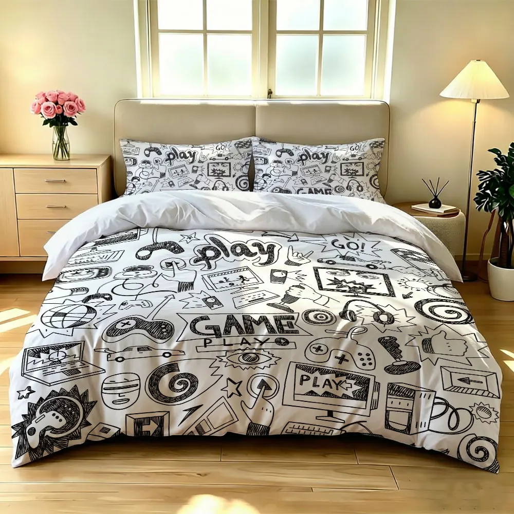 3pcs black white doodle game element pattern bedding printing set including 1 bedding cover and 2 pillowcases (without fillin