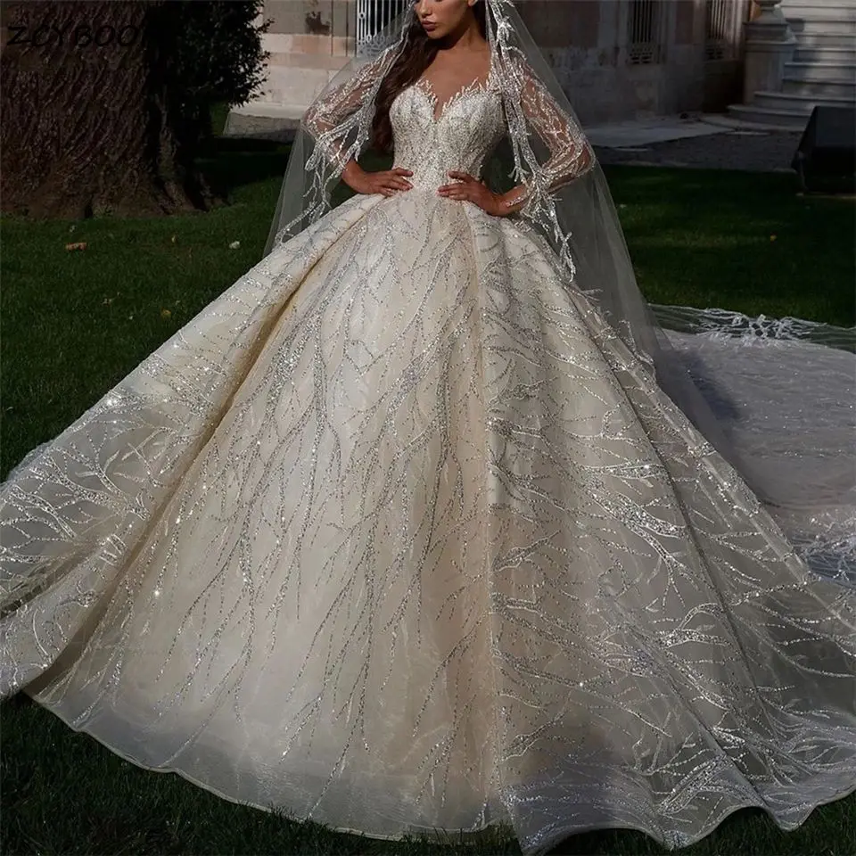 Gorgeous Ball Gown Shiny Sequins Sweetheart Wedding Dress 2026 Illusion Long Sleeves Bride Gowns Saudi Arabic Vestidos De Noiva