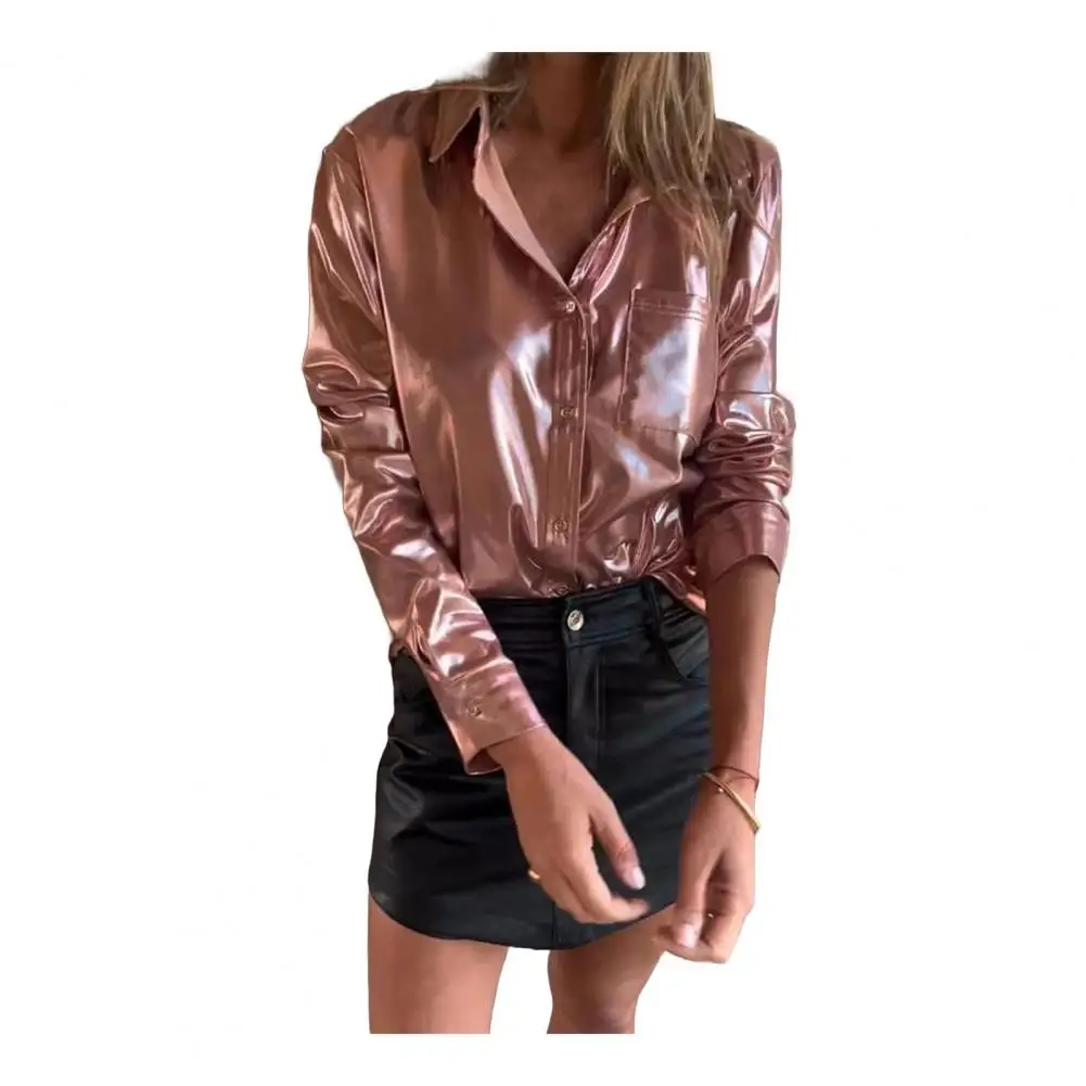 Women Shirt Stylish Lapel Long Sleeve Women's Shirt Tops with Patch Pocket Casual Suede Shirt in Bright Colors Loose Fit for A