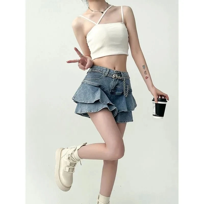 Spice Girls Denim Skirt Anti-Slip Double Denim Skirt Women's Stretch High-Waisted Slimming A-Line Cake Skirt New