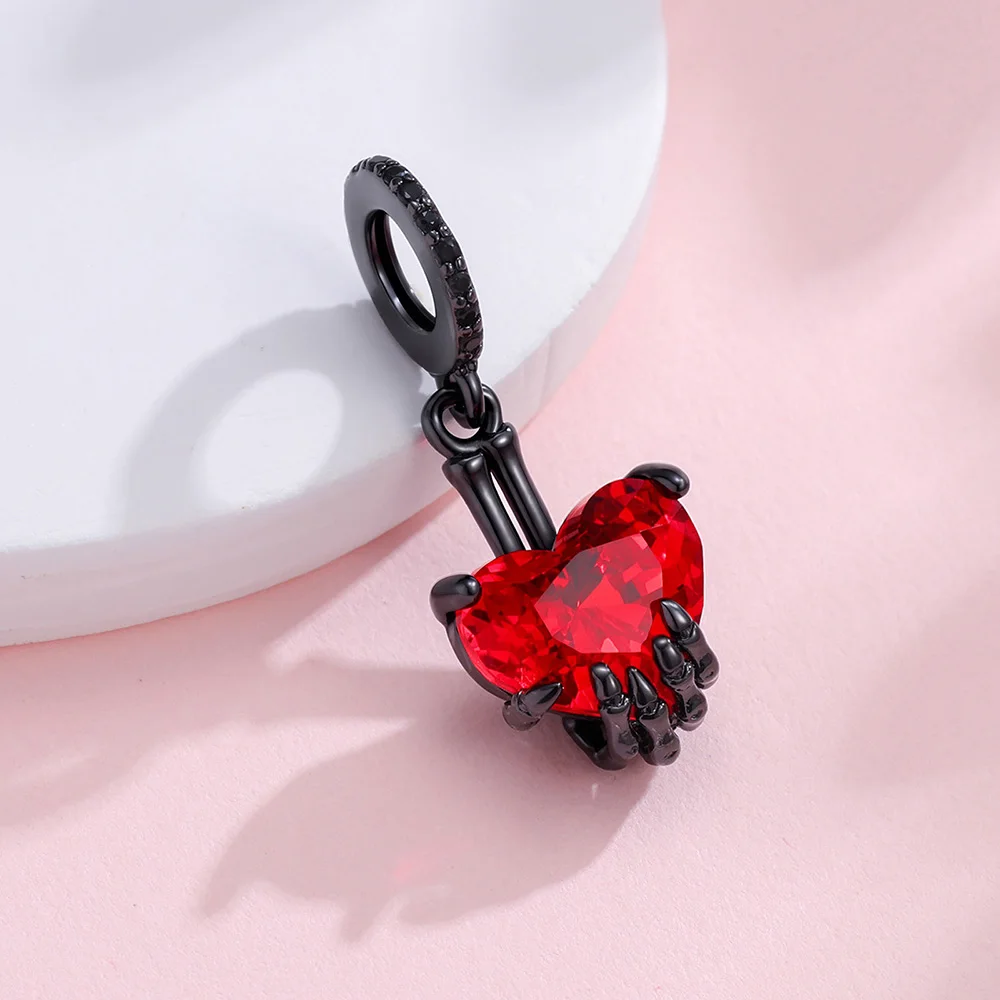 925 Sterling Silver Gunmetal Black Skeleton Hand Heart Pendant Jewelry Making For Classic Bracelet Ladies DIY Halloween Gift