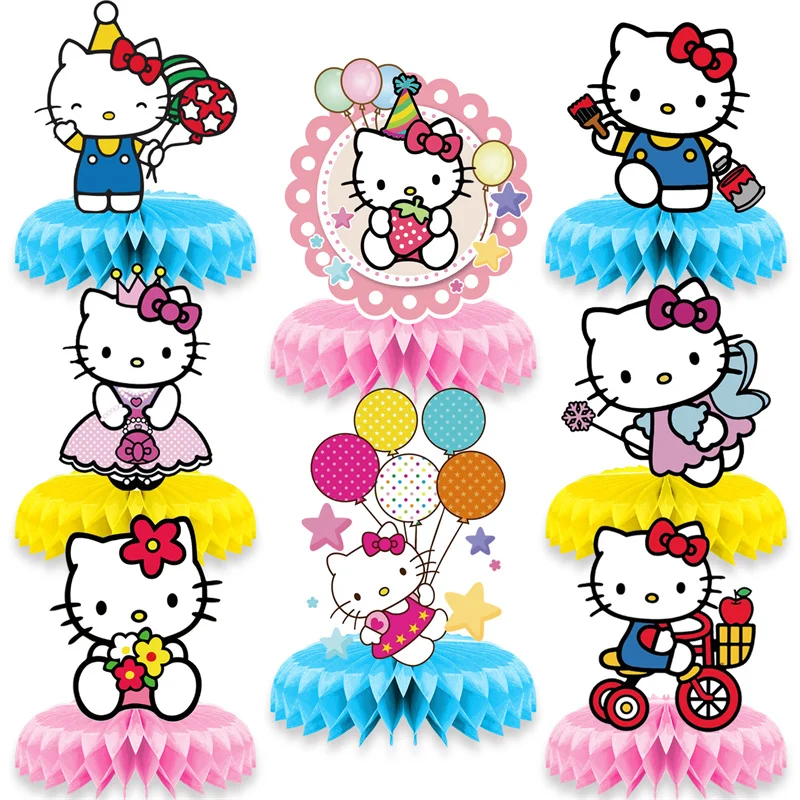 

New 8 Piece Set KT Cat Hello Cat Birthday Party Decorations Kids Party Supplies Honeycomb Ornaments Cake Decoration Background