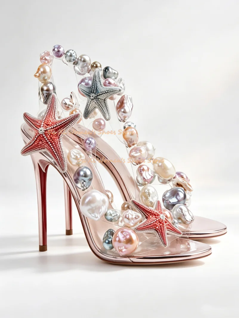 Baroque Pearl Starfish Decor High Heel Sandals Transparent PVC Open Toe Slingback Stiletto Heel Party Wedding Dress Shoes 2026 view 2