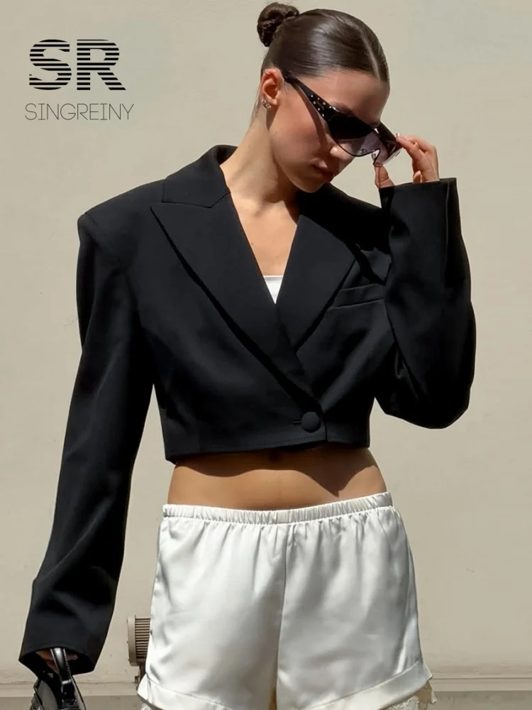SINGREINY Women Lapel Trendy Street Short Blazer 2026 Fashion Mini Coat Minimalist Autumn Shoulder Pad Casual Loose Outerwear