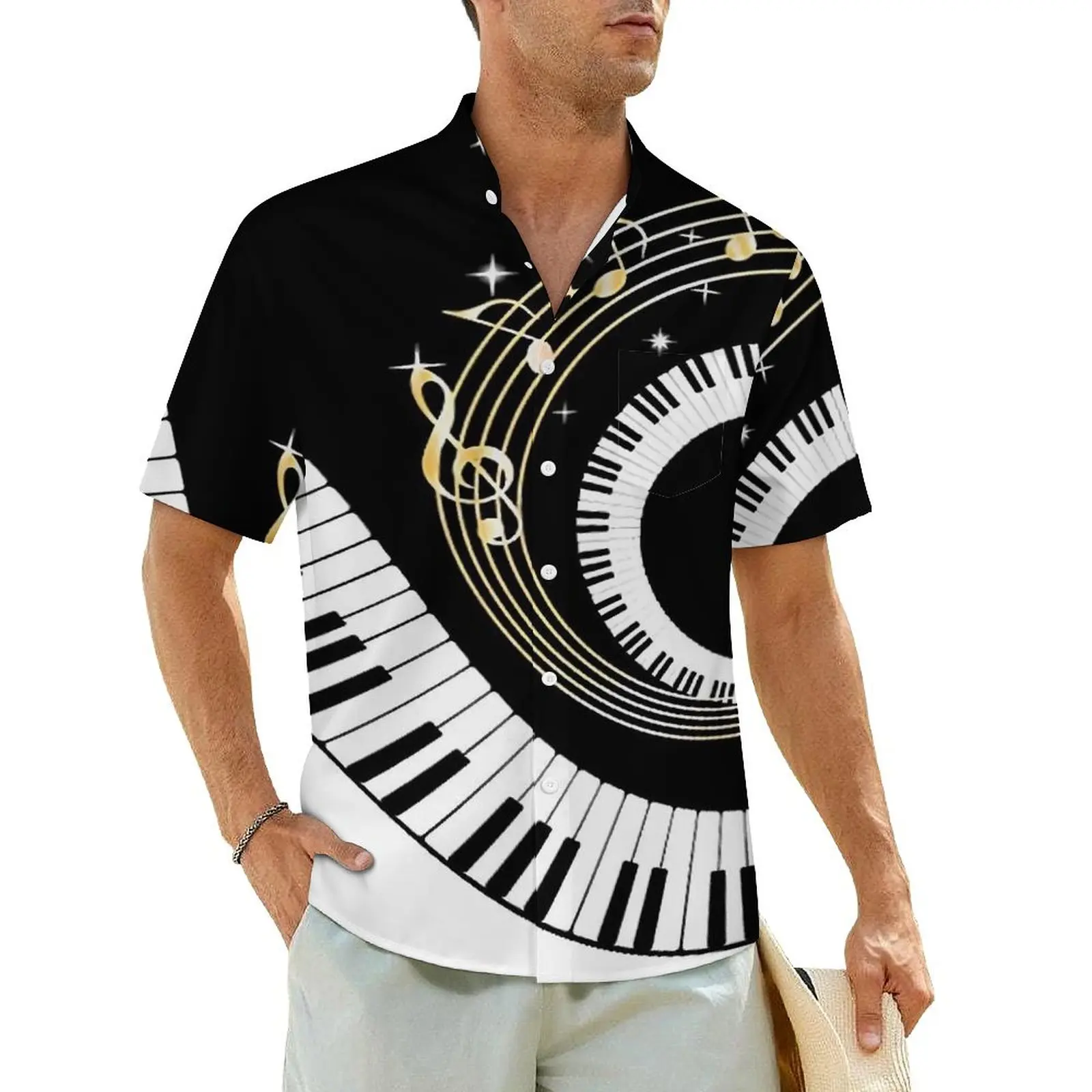 Piano Music Keyboard Casual Shirt Black And White Novelty Hawaiian Shirts Male Short Sleeve Vacation Fashion Plus Size Blouses